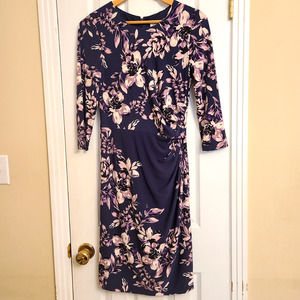 Eliza J 3/4 Sleeve Lined Floral Blue Purple Dress Ruched Side Zip Back Size 6